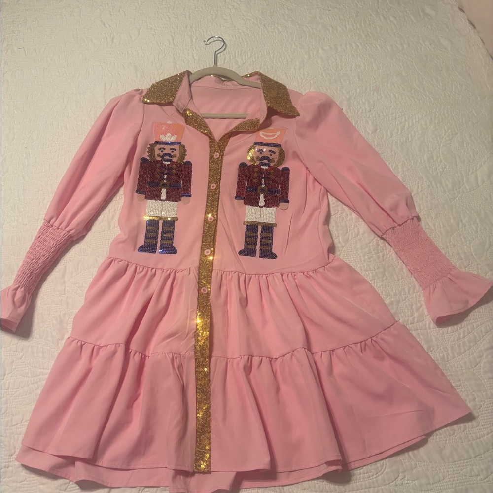 Women’s pink dress with Nutcracker  sequin appliqués size small